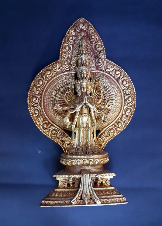 Thousand Arms Lord Avalokitesvara Lokeshwor Sahasrabhuja Gold 8.8" Copper Statue Sculpture Figure Nepal