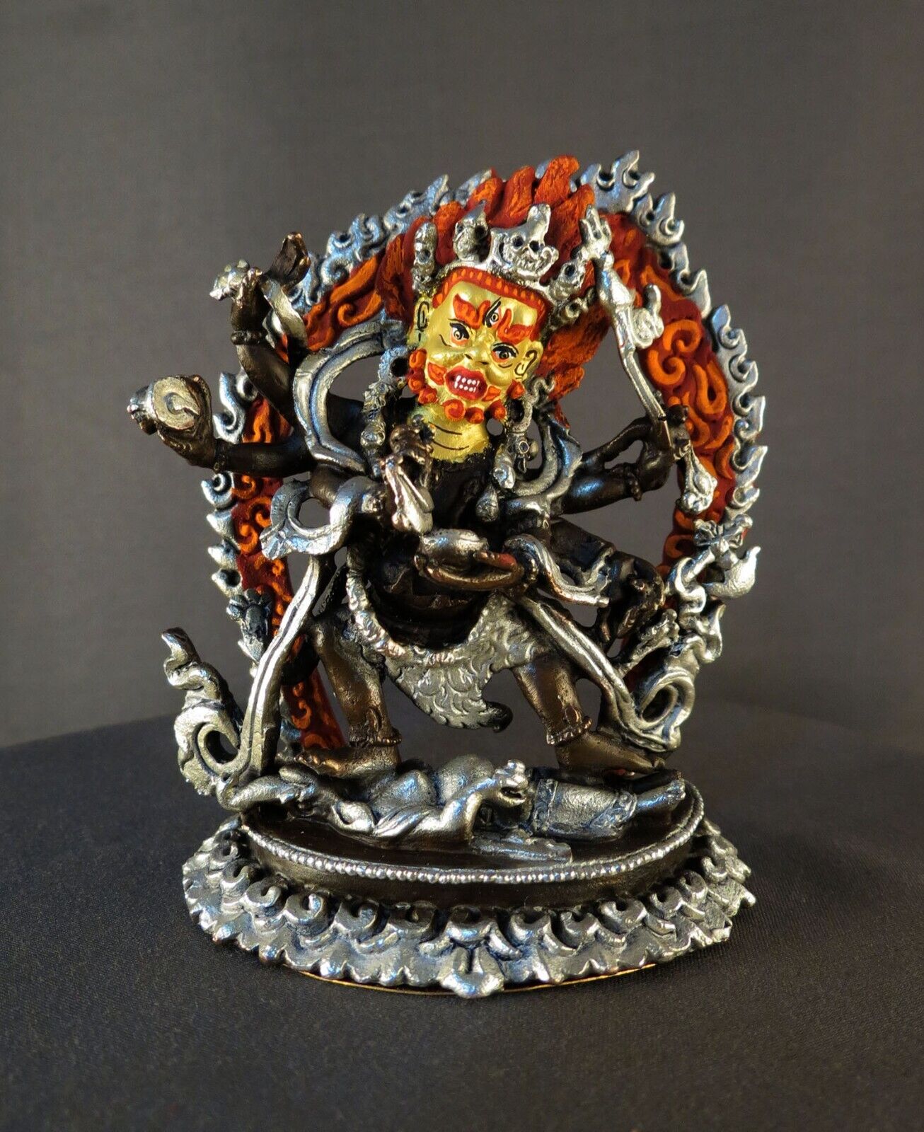 Tibetan Buddhism Lord Six hand Black Mahakala Bhairav Guru Dragpo Padma Sharvari Statue Sculpture Figure Nepal