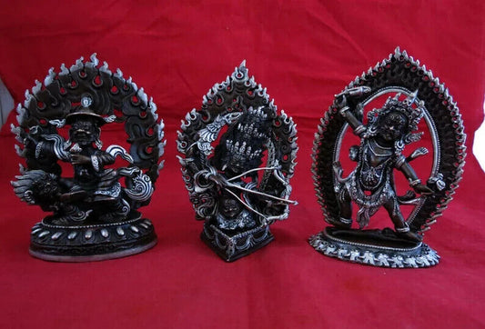 Tibetan Buddhism Set of Rahula Ekajati Lakpa Copper Silver Plated Statue Figure Nepal