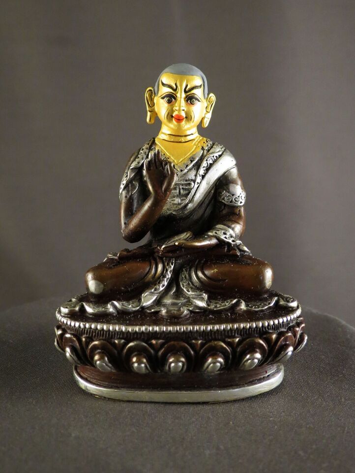 Tibetan Buddhism Gold Face Set of Tsongkhapa Silver Plated Oxide Copper Statue Sculpture Figure Nepal