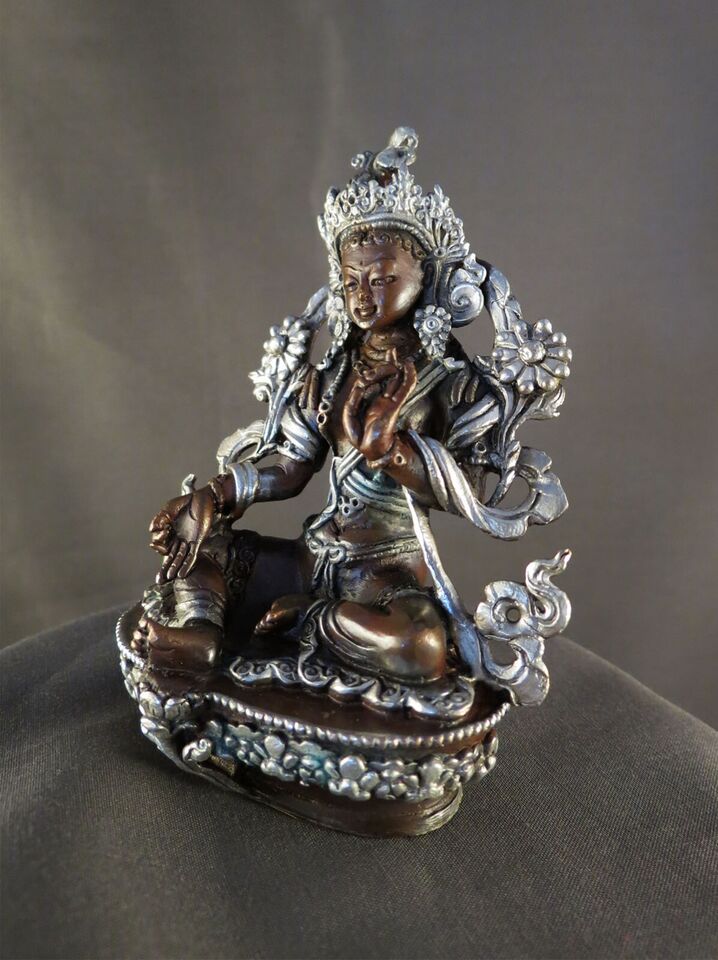 Tibetan Buddhism Goddess Green Tara Rupa 3.5" Copper Silver Oxide Statue Figure Nepal