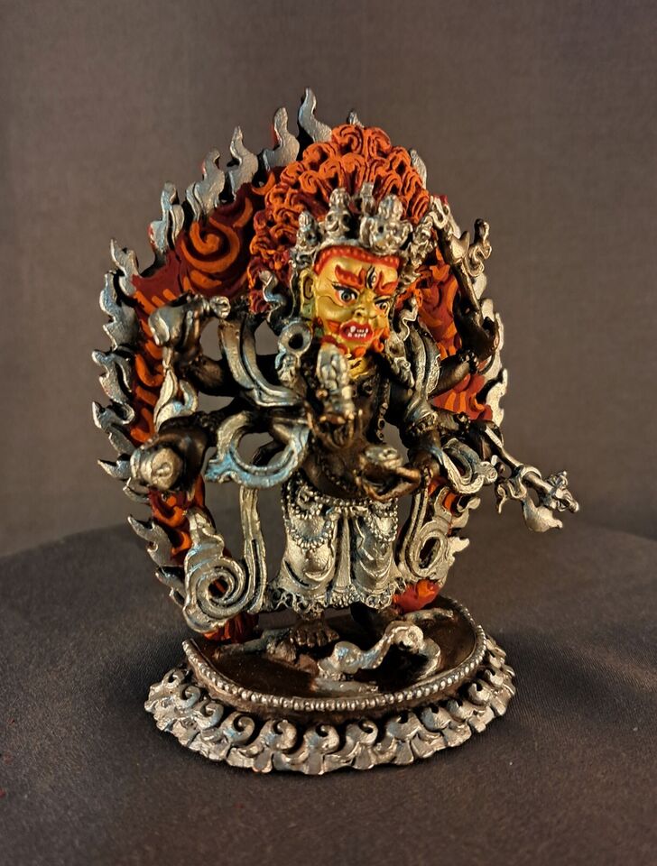 Tibetan Buddhism Gold Face Six hand White Mahakala Guru Dragpo Padma Sharvari Copper Statue Sculpture Figure Nepal