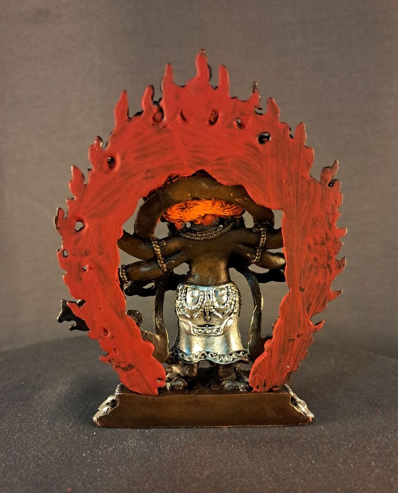 Tibetan Buddhism Gold Face Six hand White Mahakala Guru Dragpo Padma Sharvari Copper Statue Sculpture Figure Nepal