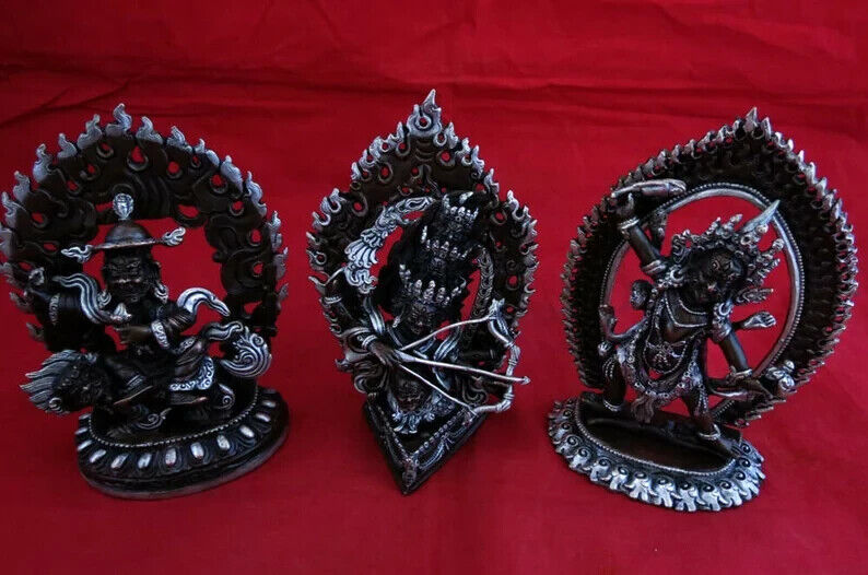 Tibetan Buddhism Set of Rahula Ekajati Lakpa Copper Silver Plated Statue Figure Nepal