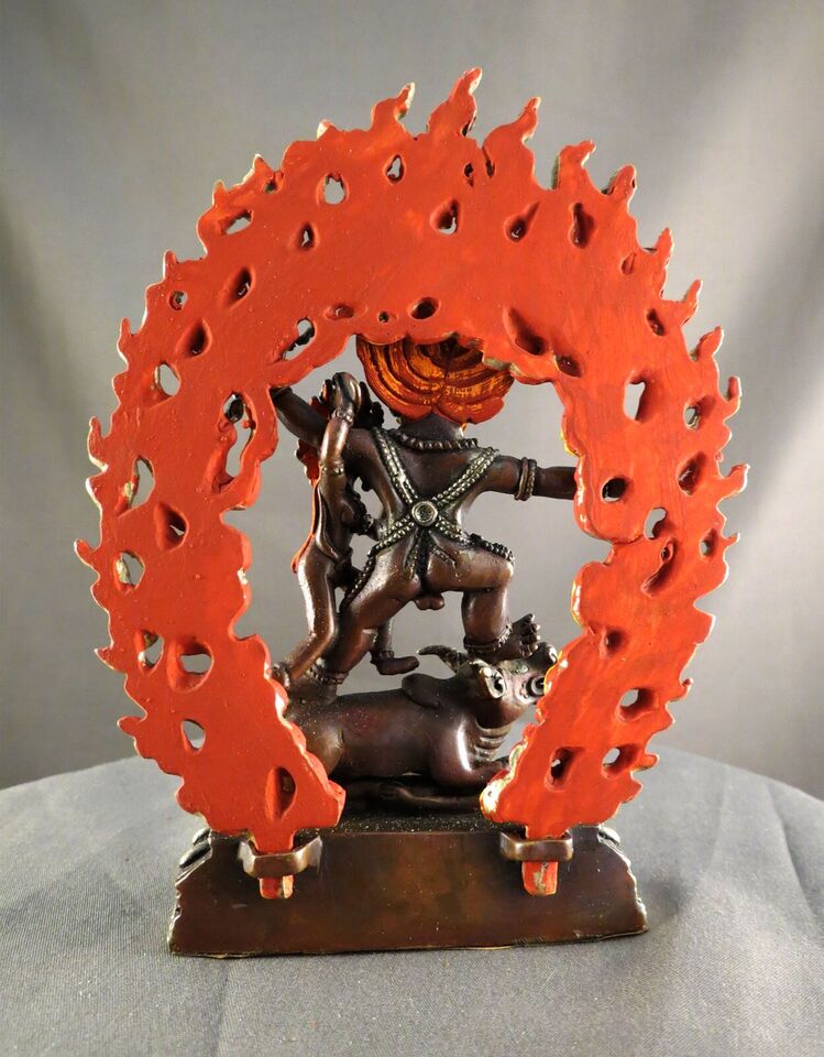 Tibetan Buddhism Gold Face Wrathful God Yaman Taka with Consort Copper Silver Oxide Sculpture Figure Statue Nepal