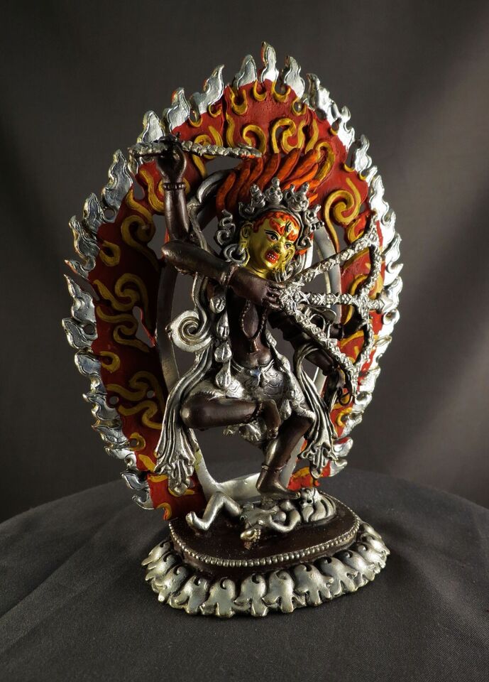 Tibetan Buddhism Gold Face Goddess Kurukulla Dakini Jogini Silver Oxide 6.2" Copper Figure Statue Sculpture Nepal
