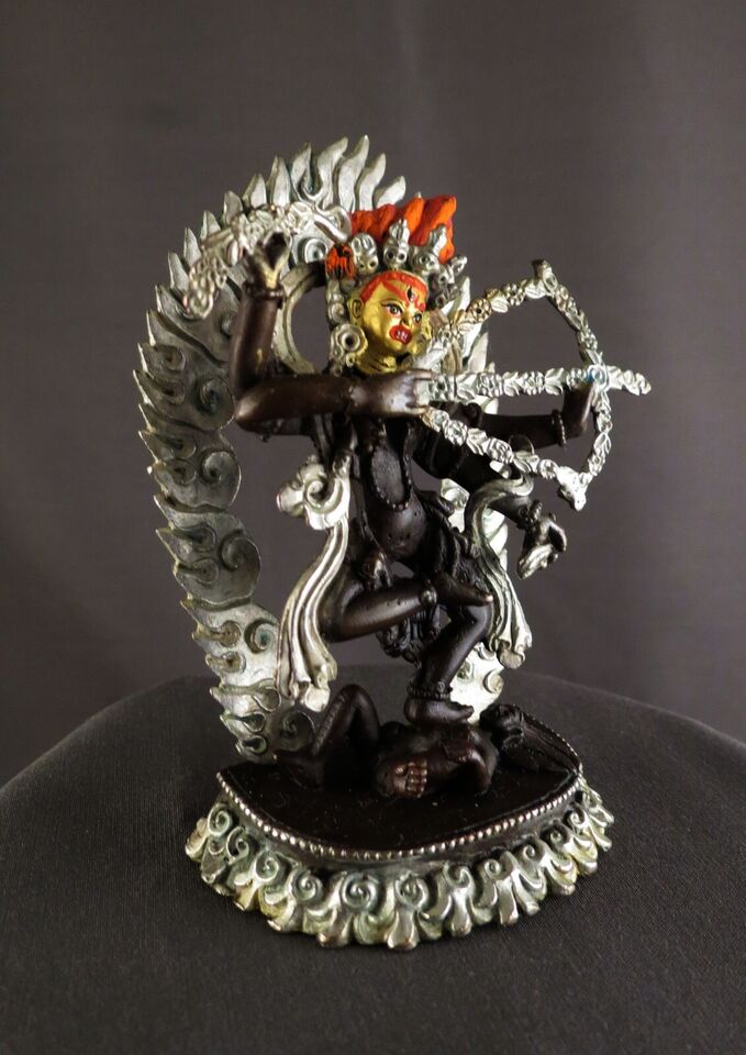 Tibetan Buddhism Goddess Kurukulla Gold Face Dakini Jogini Silver Oxide Copper Statue Sculpture Figure Nepal