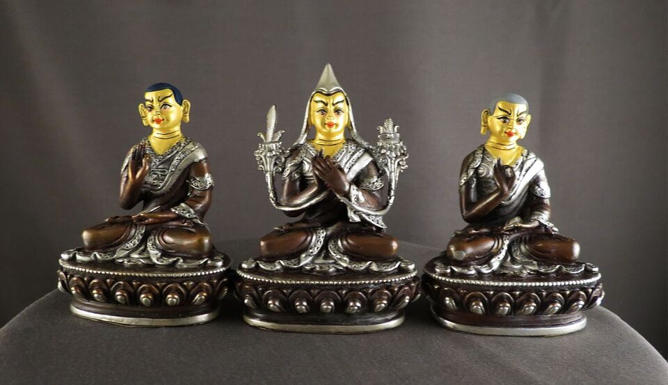 Tibetan Buddhism Gold Face Set of Tsongkhapa Silver Plated Oxide Copper Statue Sculpture Figure Nepal