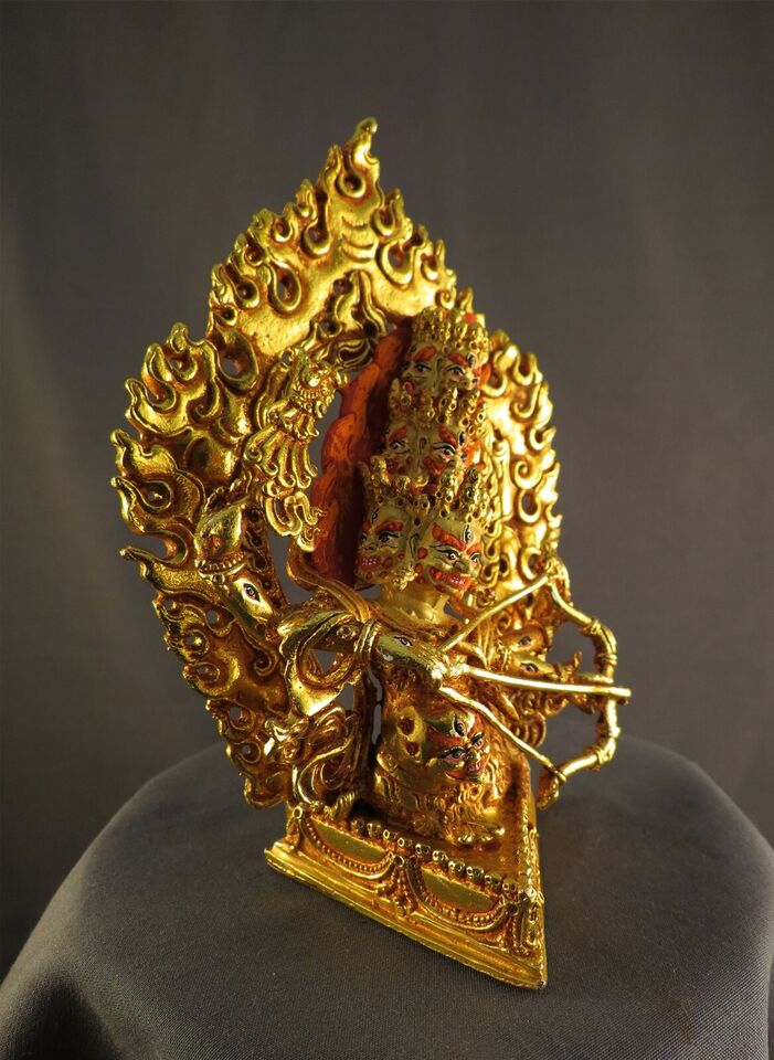Tibetan Buddhism Wrathful Deity Gold face Painting Rahula Sravaka Copper Statue Sculpture Figure Nepal