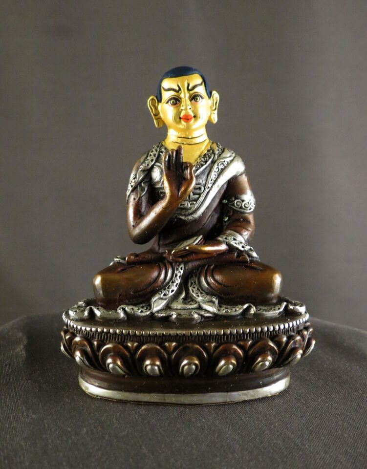 Tibetan Buddhism Gold Face Set of Tsongkhapa Silver Plated Oxide Copper Statue Sculpture Figure Nepal