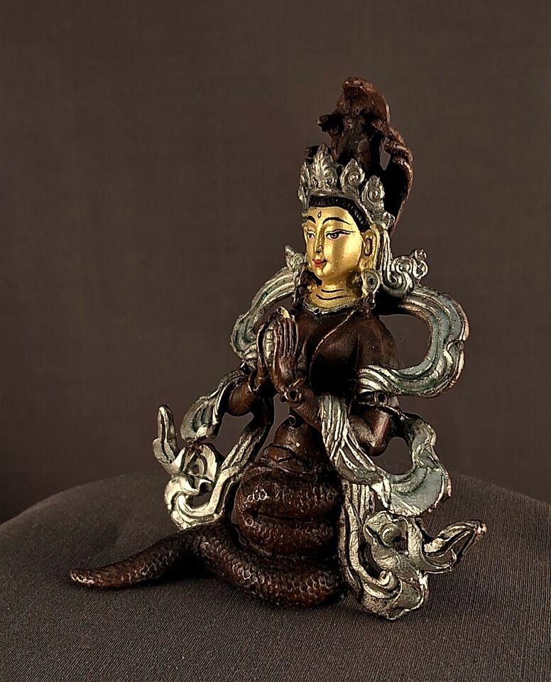 Tibetan Buddhism Snake Gold Face Goddess Naga kanya Copper Statue Sculpture Figure Nepal