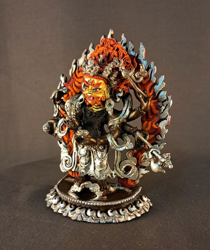 Tibetan Buddhism Gold Face Six hand White Mahakala Guru Dragpo Padma Sharvari Copper Statue Sculpture Figure Nepal