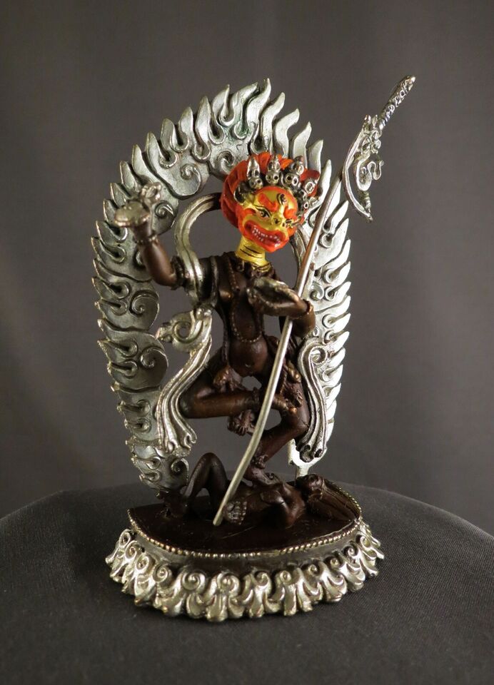 Tibetan Buddhism Gold Face Singha Mukha Dakini Yogini Silver Oxide Copper Statue Sculpture Figure Nepal