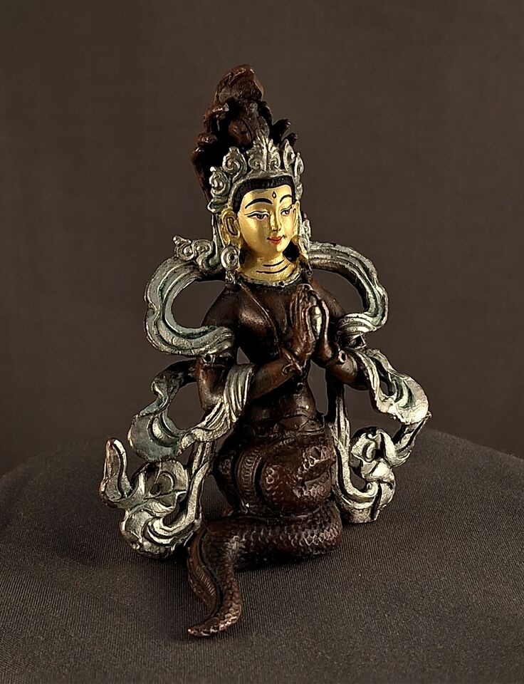 Tibetan Buddhism Snake Gold Face Goddess Naga kanya Copper Statue Sculpture Figure Nepal