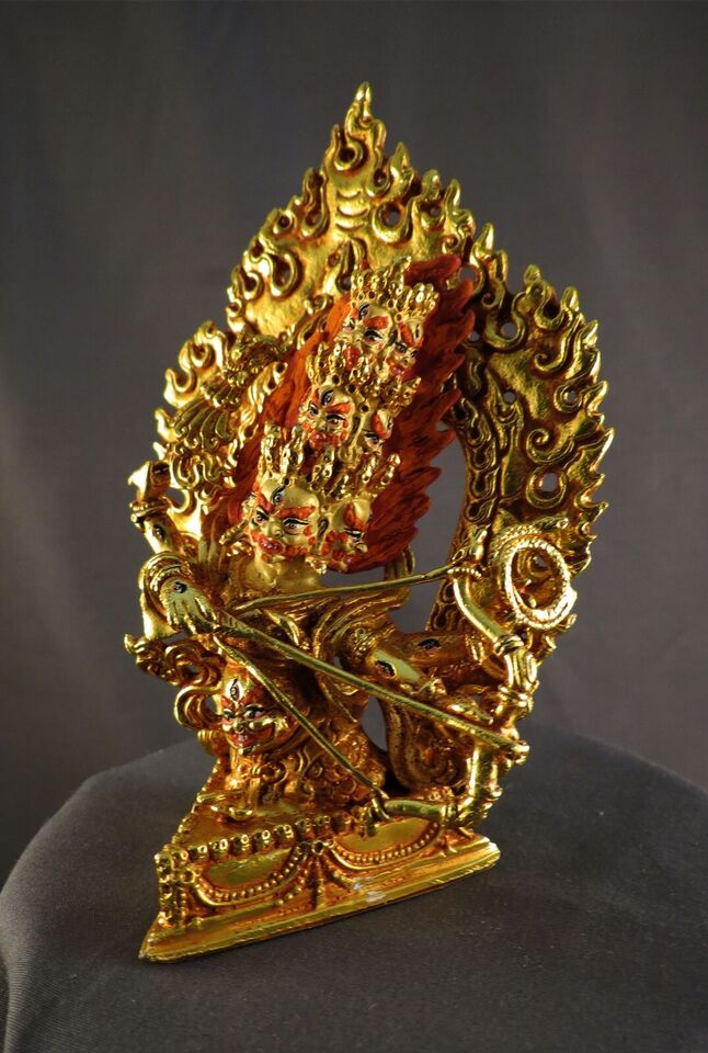 Tibetan Buddhism Wrathful Deity Gold face Painting Rahula Sravaka Copper Statue Sculpture Figure Nepal