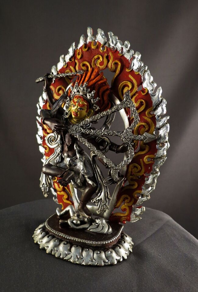 Tibetan Buddhism Gold Face Goddess Kurukulla Dakini Jogini Silver Oxide 6.2" Copper Figure Statue Sculpture Nepal