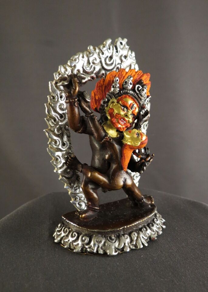 Gold Face Buddhism Protector God Vajrapani with Consort Copper Oxide Statue Sculpture Figure Nepal