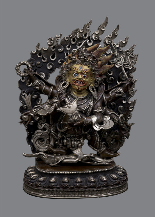 Tibetan Buddhism Gold Face Lord Six Hand Black Mahakala Silver Oxide Copper Statue Figure Nepal free
