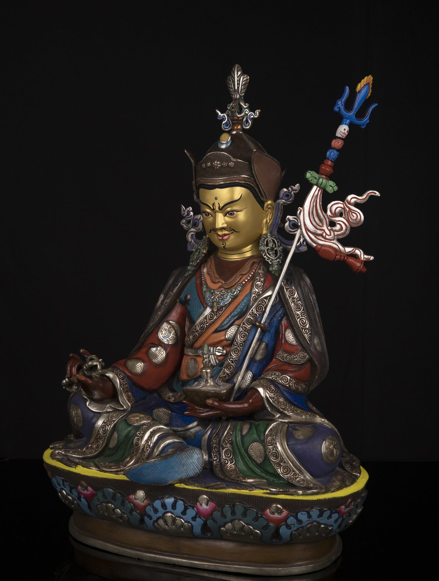 Tibetan Buddhism Gold Face Guru Rinpoche Padmasambhava Multicolor Paint Statue Sculpture Figure Nepal free