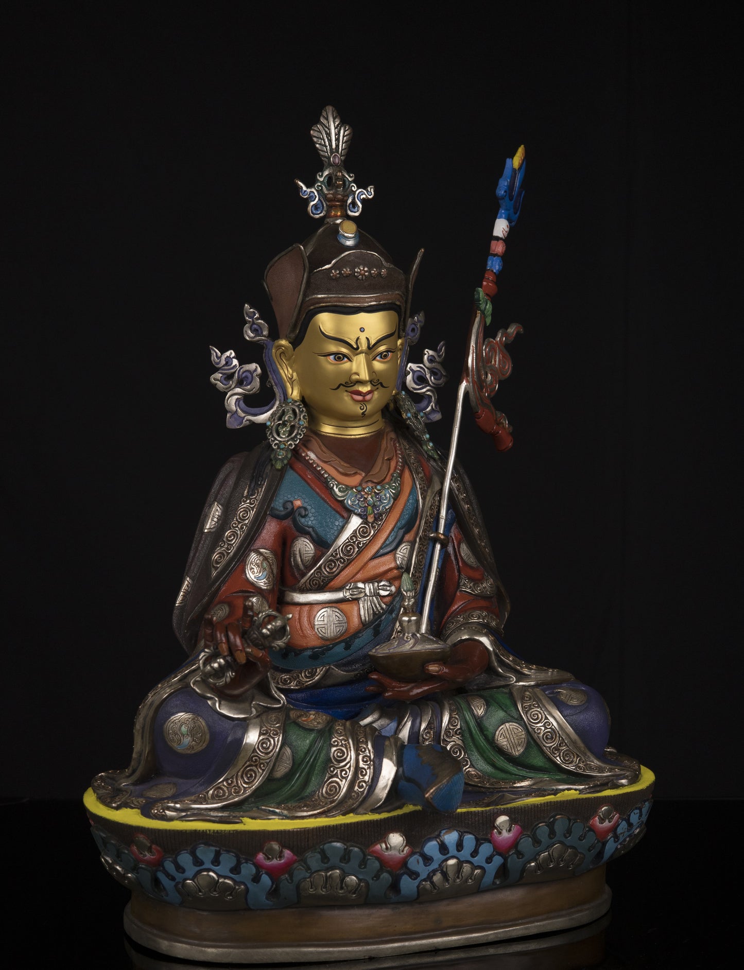 Tibetan Buddhism Gold Face Guru Rinpoche Padmasambhava Multicolor Paint Statue Sculpture Figure Nepal free