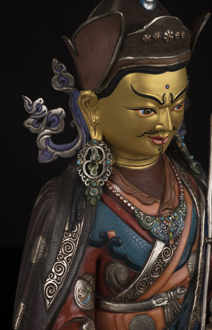 Tibetan Buddhism Gold Face Guru Rinpoche Padmasambhava Multicolor Paint Statue Sculpture Figure Nepal free