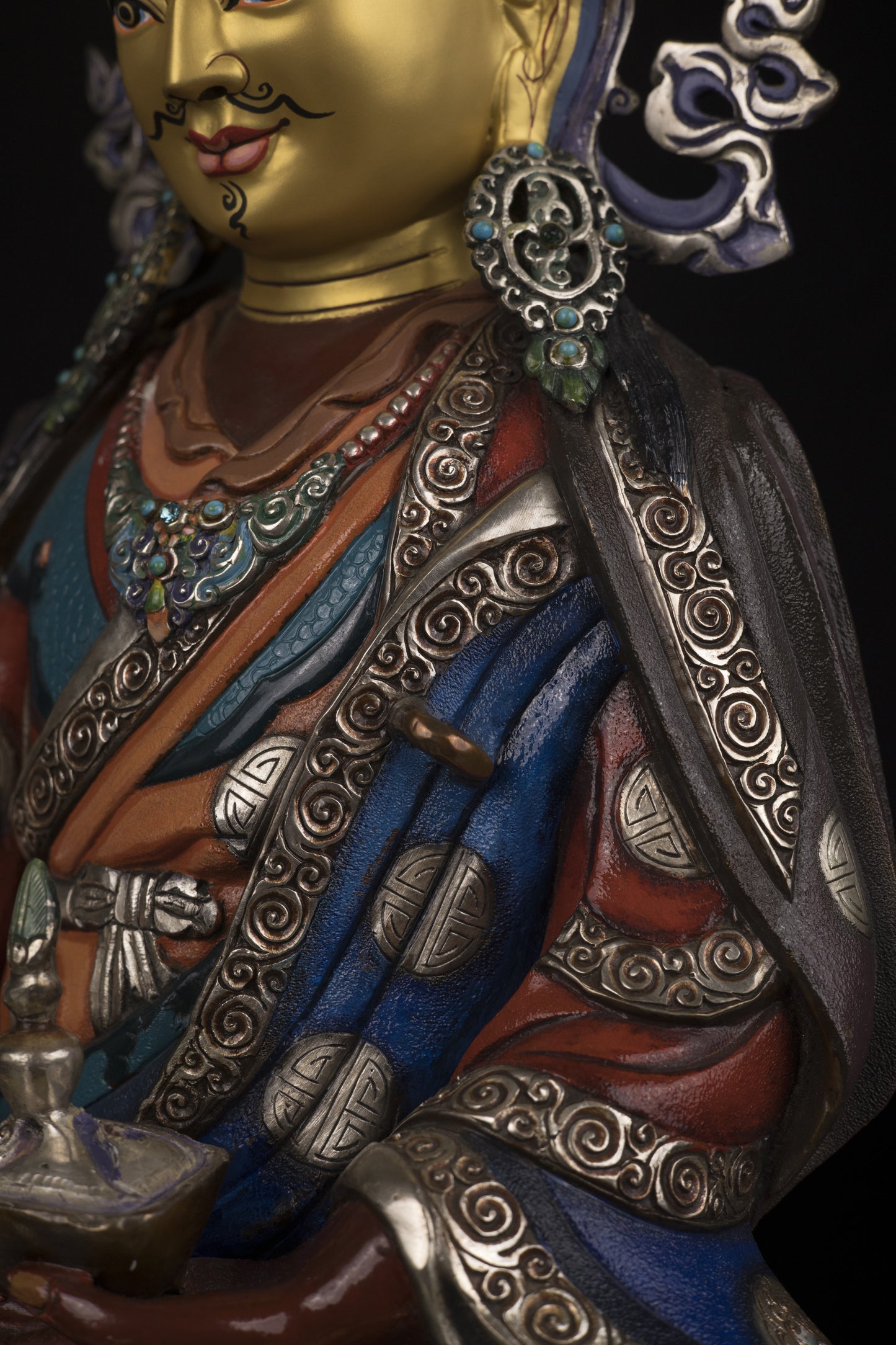 Tibetan Buddhism Gold Face Guru Rinpoche Padmasambhava Multicolor Paint Statue Sculpture Figure Nepal free
