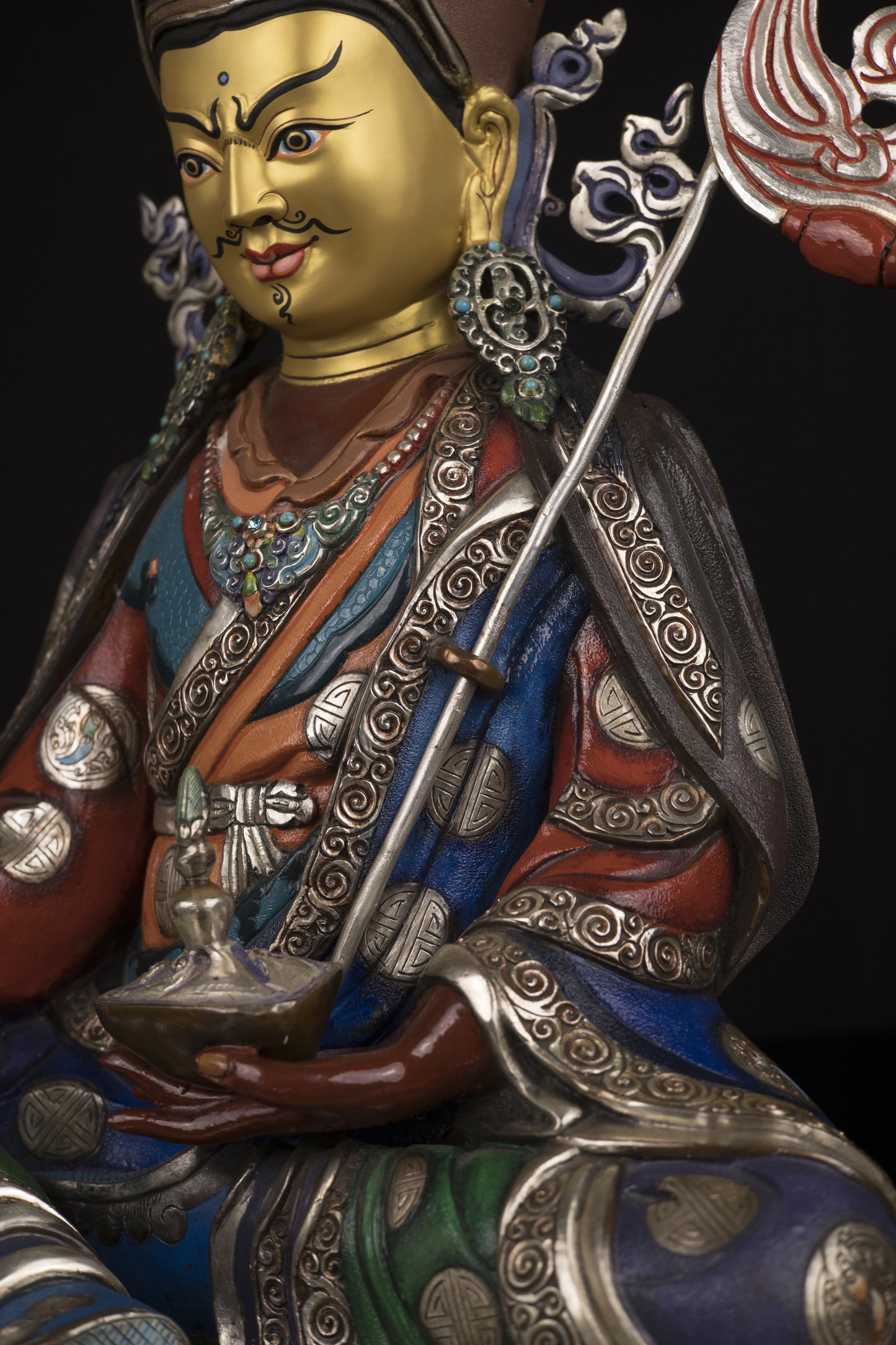 Tibetan Buddhism Gold Face Guru Rinpoche Padmasambhava Multicolor Paint Statue Sculpture Figure Nepal free
