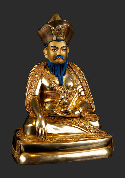 24K Gold Paint Face Guru Zhabdrung Rinpoche Gold Plated Pure Copper Statue Sculpture Nepal free 44Nepal free 44