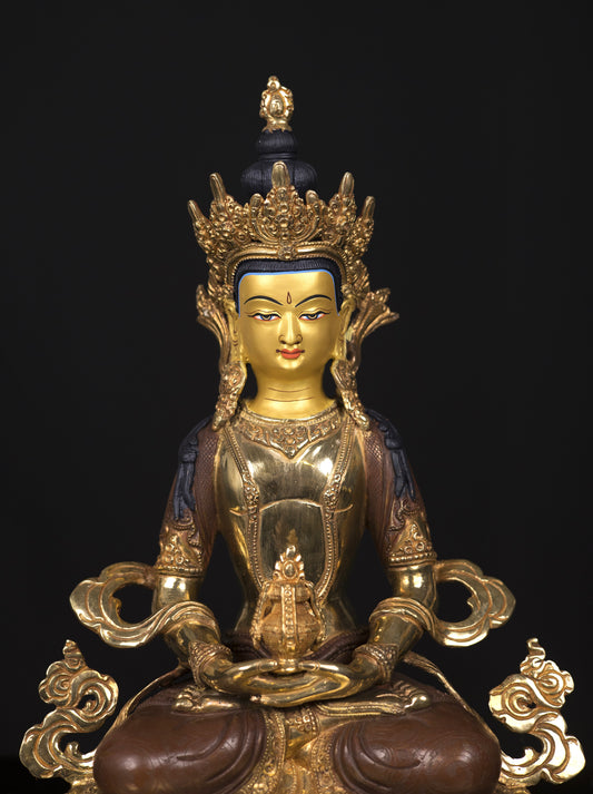 Tibetan Buddhism Gold Face Hand Painting Lord Aparamita Amitayus Buddha Copper Statue Sculpture Figure free