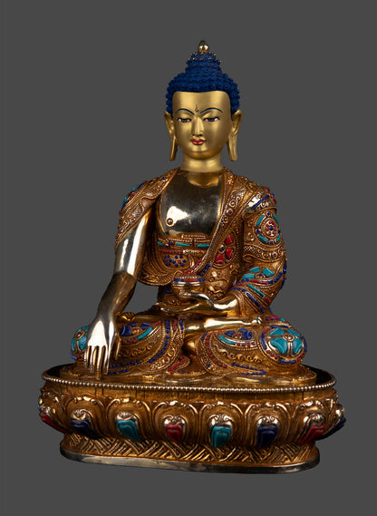 Buddhism Lord Akshobya (Shakyamuni) Buddha Real Stone Pure 24K Gold Copper Statue Nepal free