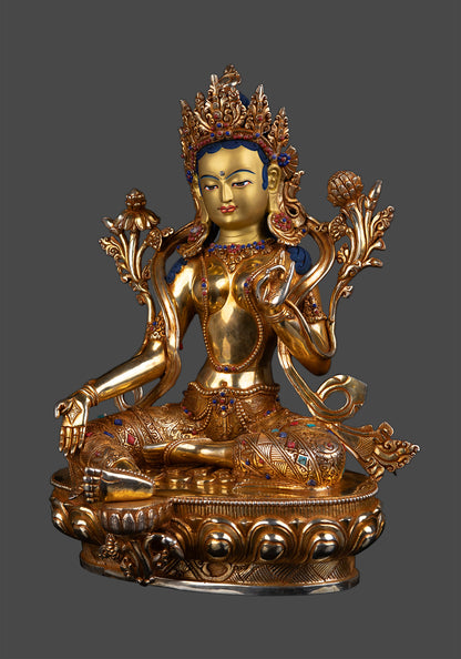 Tibetan Buddhism Goddess Green Tara Rupa 24K Gold Plated Pure Copper Statue Figure Nepal free