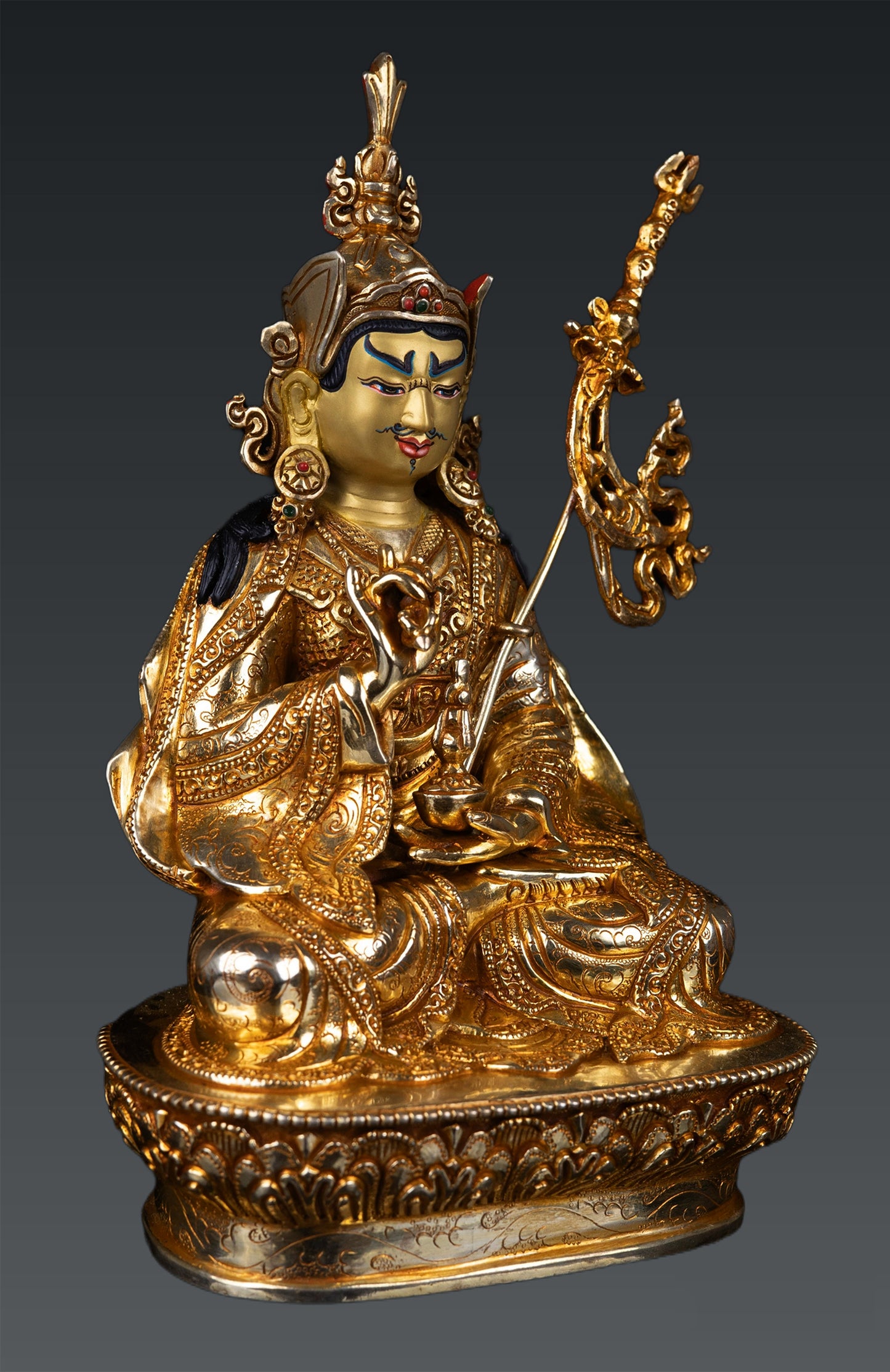 Tibetan Buddhism Guru Rinpoche Padmasambhava Gold Plated Copper Statue Figure free