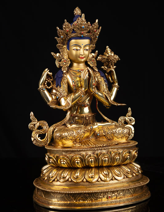 Tibetan Buddhism Gold Face Lord Chenrezig Avalokitesvara Spyan Ras Gzig Real Turquoise Coral Stone Gold Plated Copper Statue Sculpture Figure