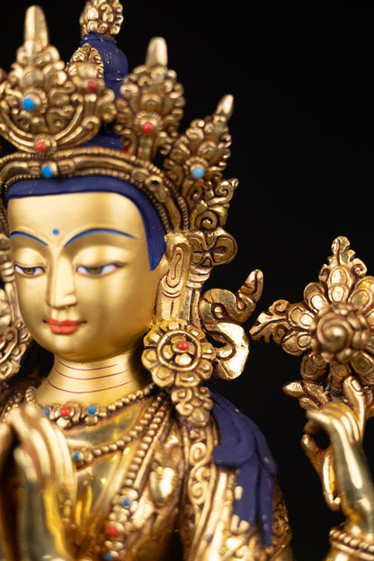Tibetan Buddhism Gold Face Lord Chenrezig Avalokitesvara Spyan Ras Gzig Real Turquoise Coral Stone Gold Plated Copper Statue Sculpture Figure