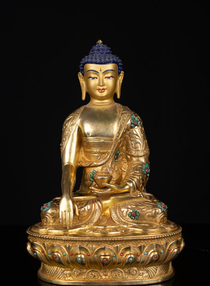 Tibetan Buddhism Gold Face Lord Shakyamuni Buddha Shakya Thubp Hand Craved Gold-Plated Coral Turquoise Stone Copper Statue Sculpture Figure