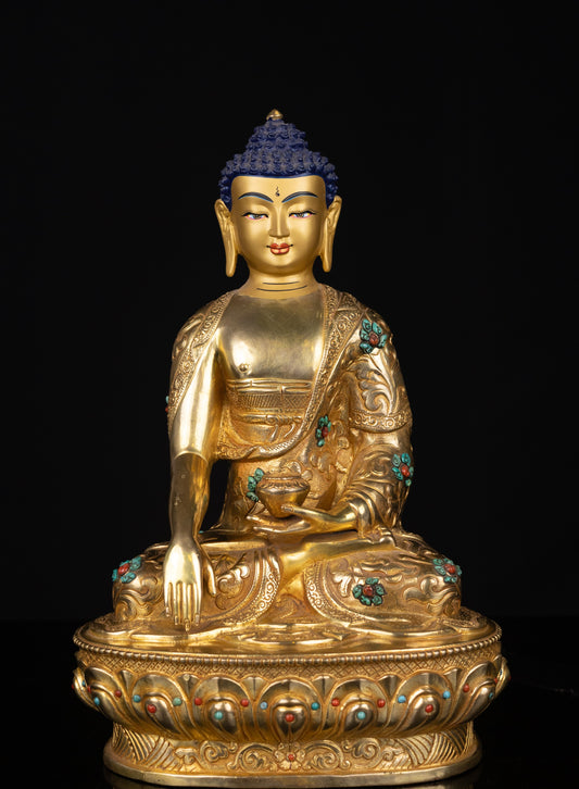 Tibetan Buddhism Gold Face Lord Shakyamuni Buddha Shakya Thubp Hand Craved Gold-Plated Coral Turquoise Stone Copper Statue Sculpture Figure