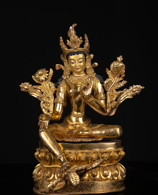 Tibetan Buddhism Gold Face Paint Goddess Green Tara Rupa Dolma Drolma Jongma Gold Plated Copper Statue Sculpture Figure Nepal free