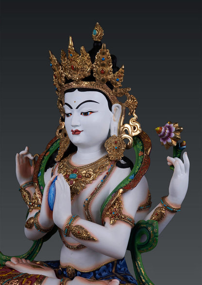 Hand Painting Tibetan Buddhism Lord Chenrezig Khacheri Pure Bronze Copper Statue Figure free