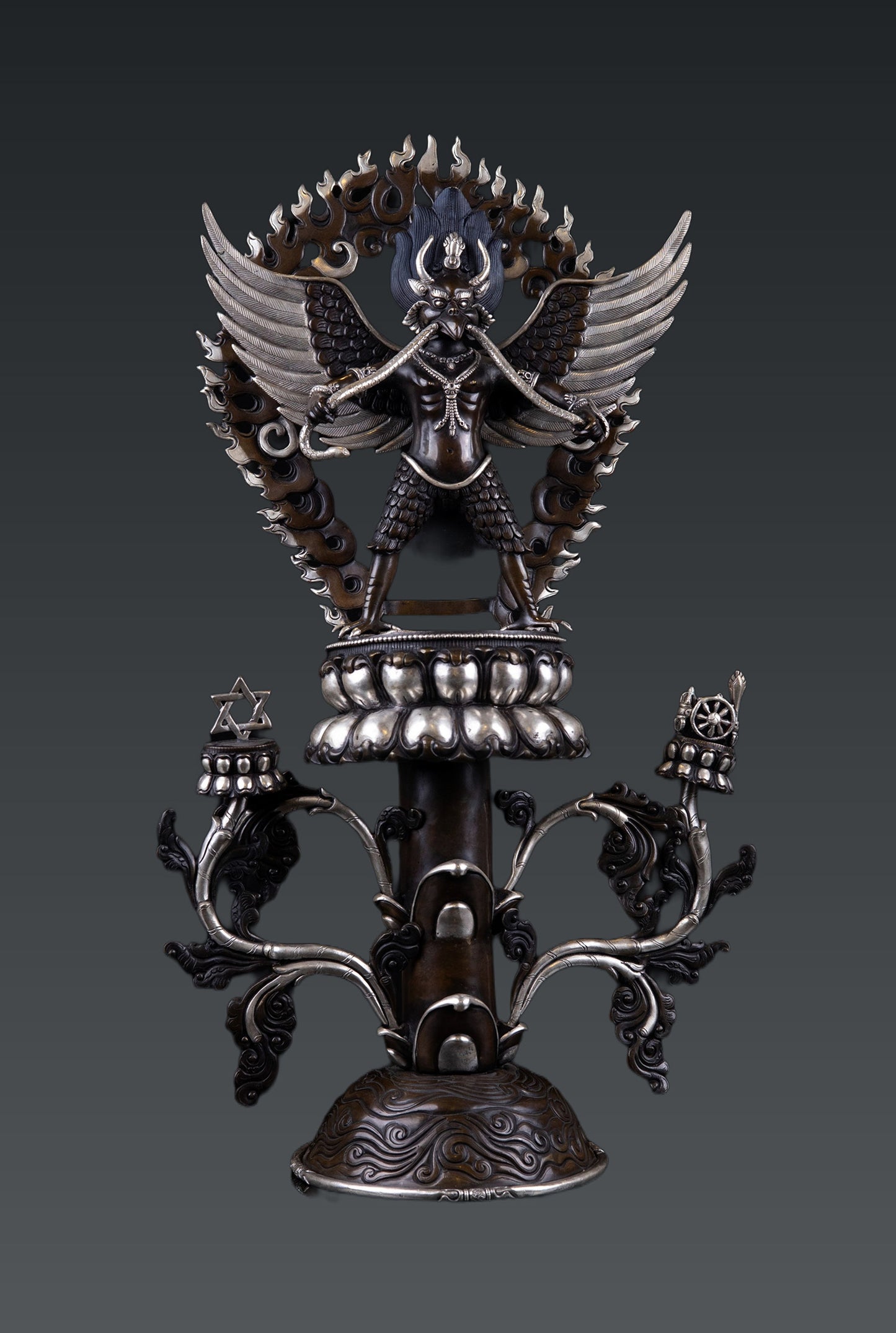 Tibetan Buddhism Handmade Garuda Bantej Eagle Silver Plated Pure Bronze Copper Oxide Statue Figure Nepal free