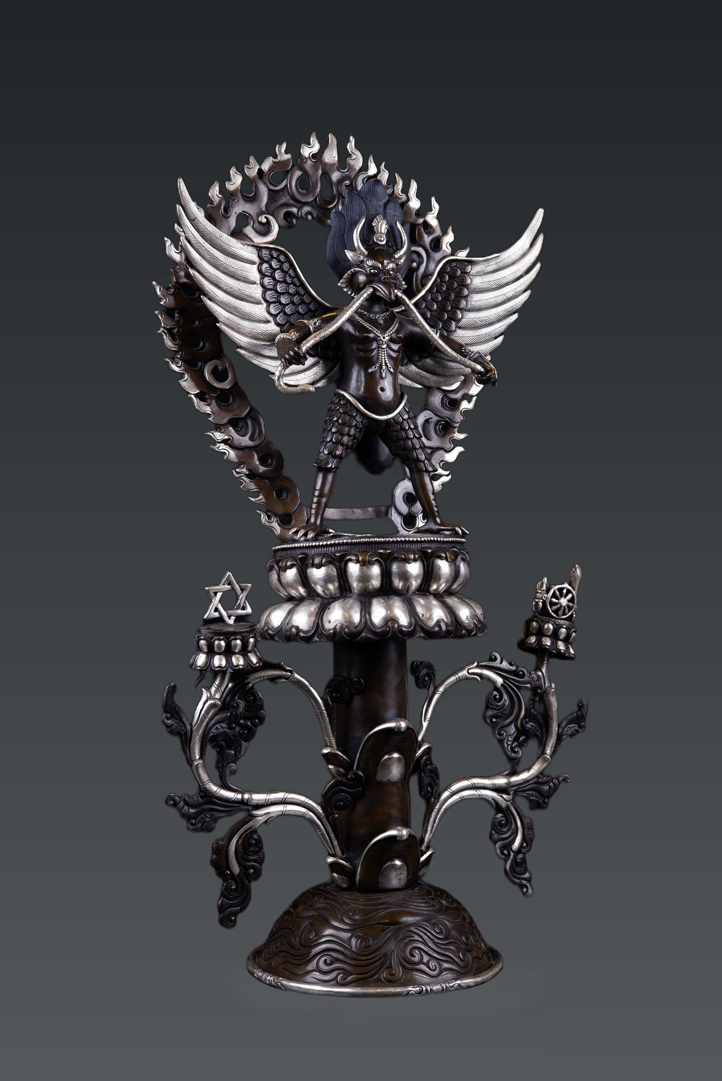 Tibetan Buddhism Handmade Garuda Bantej Eagle Silver Plated Pure Bronze Copper Oxide Statue Figure Nepal free