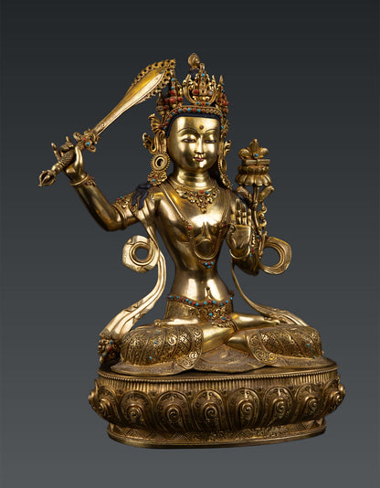 Tibetan Buddhism Goddess Maha Manjushree Pure Gold Plated Pure Bronze Copper Statue Figure Nepal free