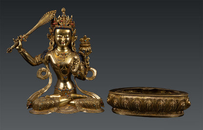 Tibetan Buddhism Goddess Maha Manjushree Pure Gold Plated Pure Bronze Copper Statue Figure Nepal free