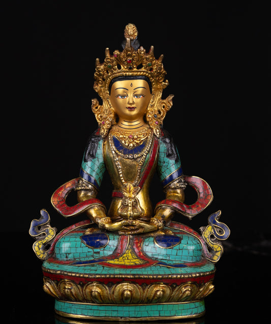 Tibetan Buddhism Hand Painting Lord Aparimita Aparamita Amitayus Buddha Copper Turquoise Coral Stone Statue Sculpture Figure free