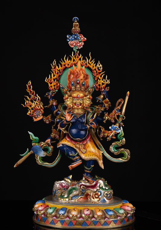 Tibetan Buddhism Gold Face Paint Wrathful Deity Lord Eight Hand Bhairav Mahakal Multicolor Hand Painting Copper Statue Sculpture Figure