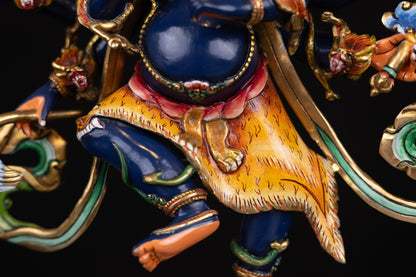 Tibetan Buddhism Gold Face Paint Wrathful Deity Lord Eight Hand Bhairav Mahakal Multicolor Hand Painting Copper Statue Sculpture Figure