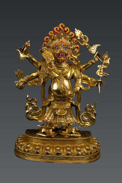 Tibetan Buddhism Rare Six Hand White Mahakala 24K Gold Face Paint Pure Copper Statue Figure Nepal free