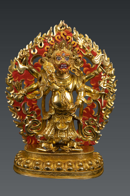 Tibetan Buddhism Rare Six Hand White Mahakala 24K Gold Face Paint Pure Copper Statue Figure Nepal free