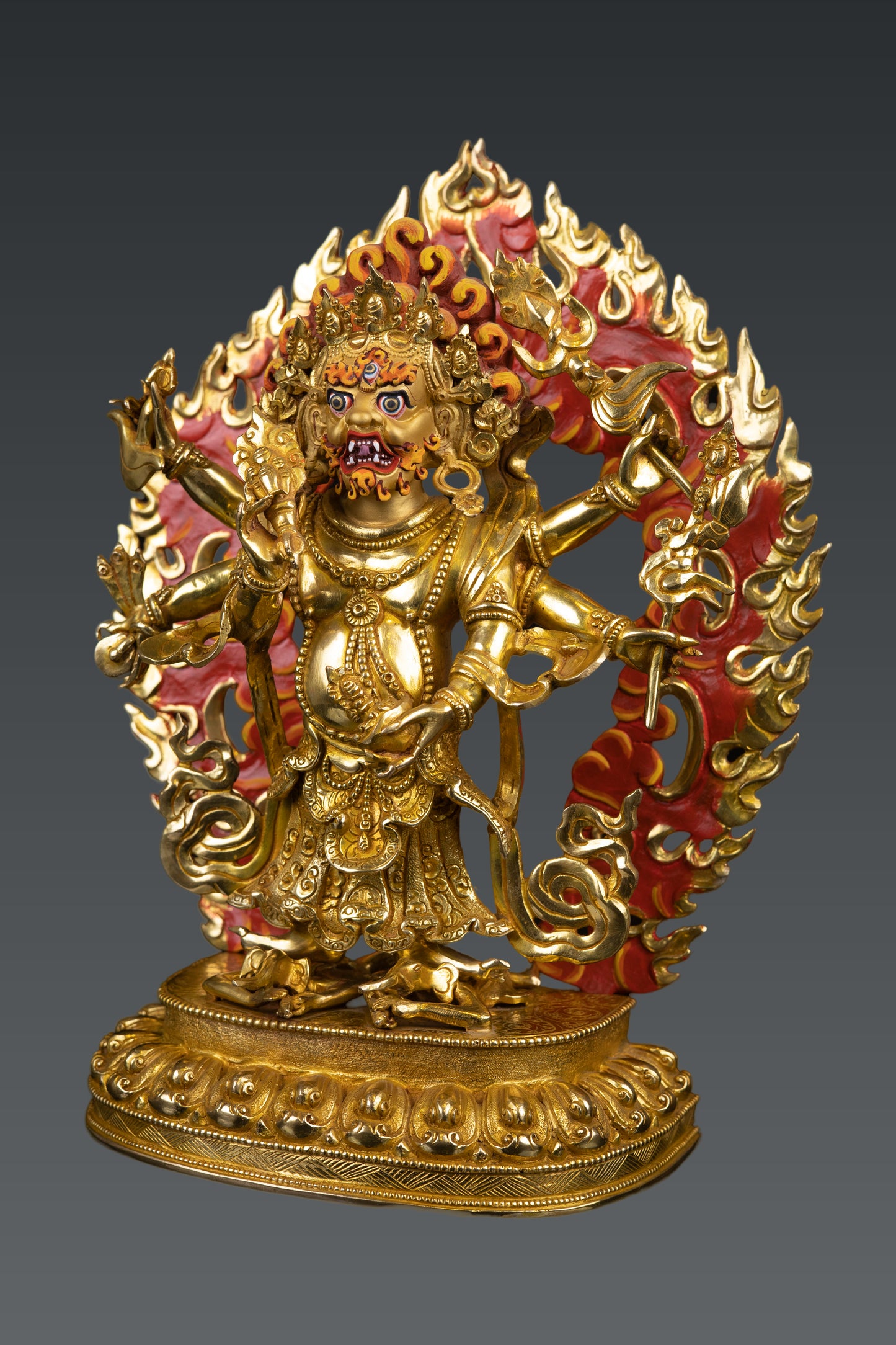 Tibetan Buddhism Rare Six Hand White Mahakala 24K Gold Face Paint Pure Copper Statue Figure Nepal free