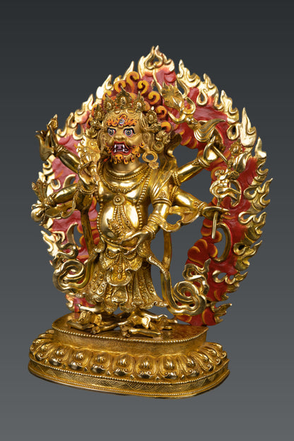 Tibetan Buddhism Rare Six Hand White Mahakala 24K Gold Face Paint Pure Copper Statue Figure Nepal free