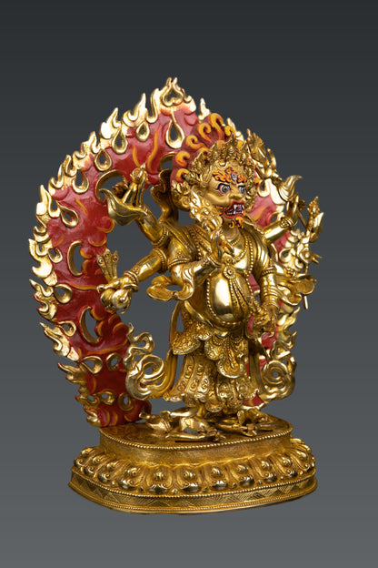 Tibetan Buddhism Rare Six Hand White Mahakala 24K Gold Face Paint Pure Copper Statue Figure Nepal free